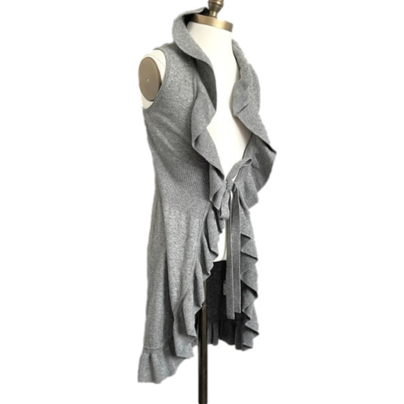 Gray Wool Blend Duster Knee Length Long Ruffle Tie Vest - S/M - Picture 1 of 10